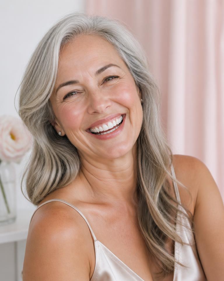 Femme de 55 ans au teint lumineux