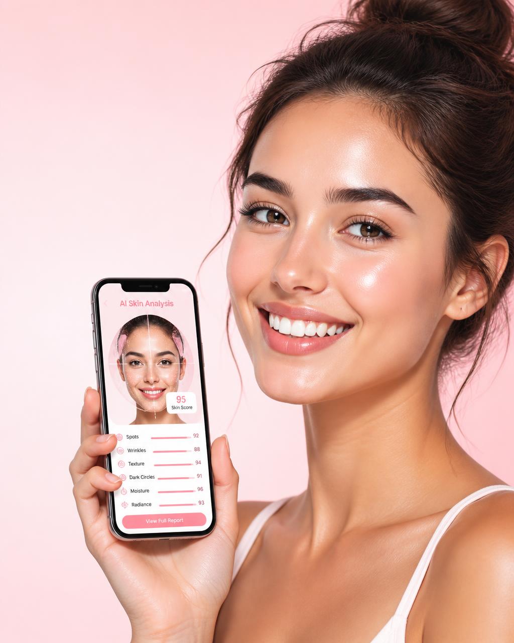 Femme à la peau lumineuse tenant son téléphone affichant le diagnostic IA LYSAVA