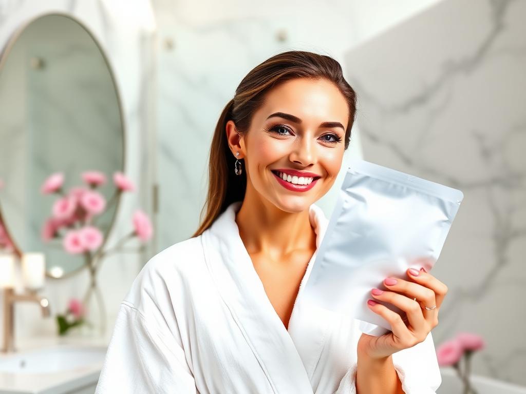 Femme retirant son masque, peau lumineuse